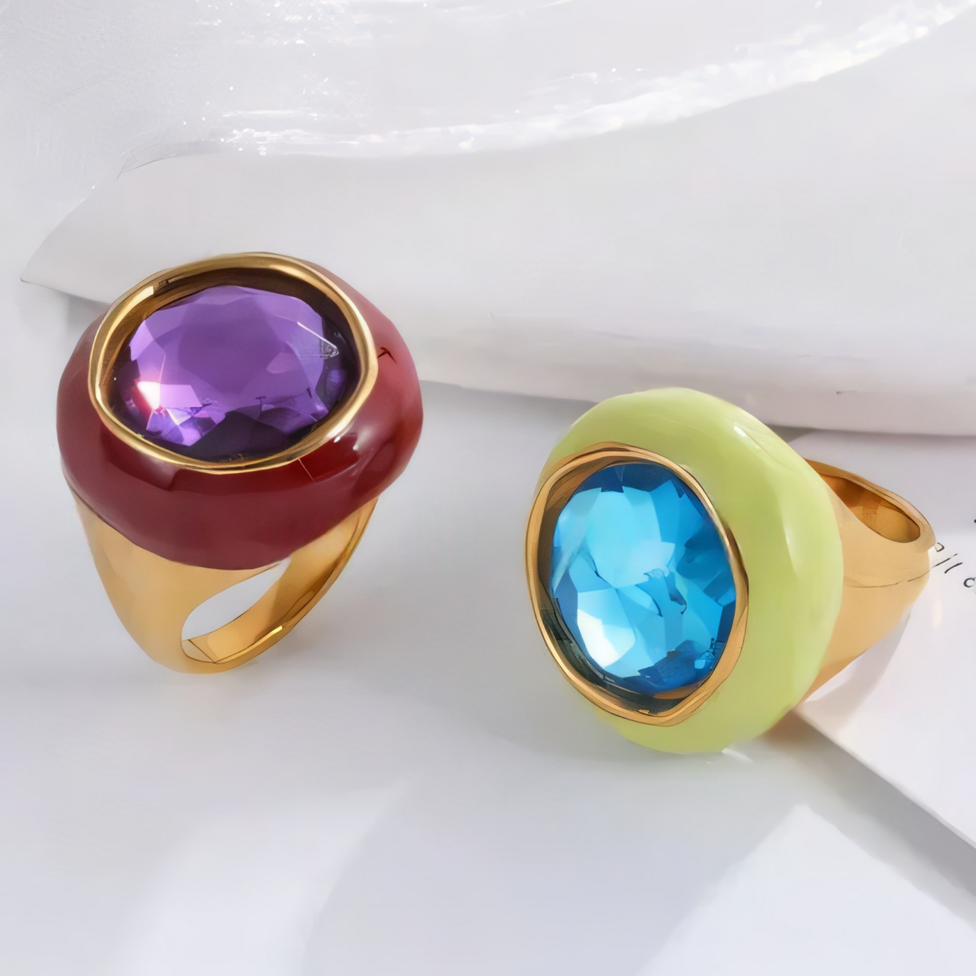 Vintage Stainless Steel Gemstone Ring Colorful Resin Oval Women Ring | G004606