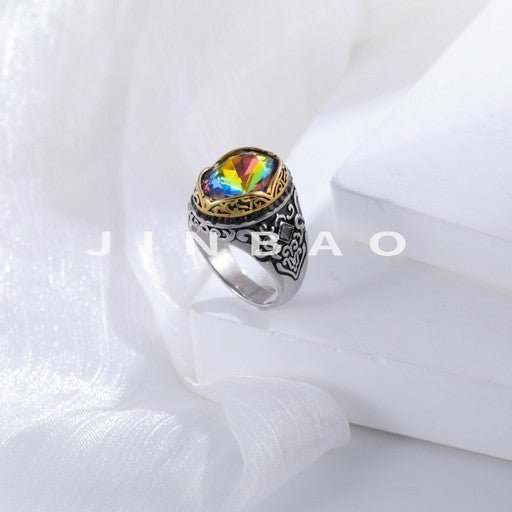 Vintage Stainless Steel Rainbow Gemstone Ring with Intricate Carving for Men | K002776