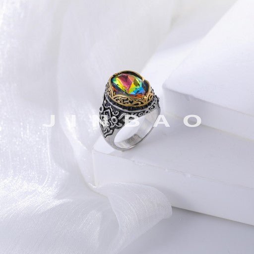 Vintage Stainless Steel Rainbow Gemstone Ring with Intricate Carving for Men | K002776