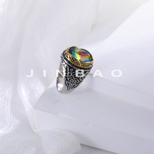 Vintage Stainless Steel Rainbow Gemstone Ring with Intricate Carving for Men | K002776