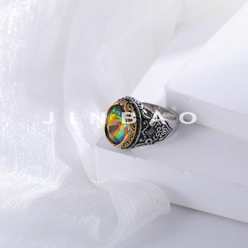 Vintage Stainless Steel Rainbow Gemstone Ring with Intricate Carving for Men | K002776