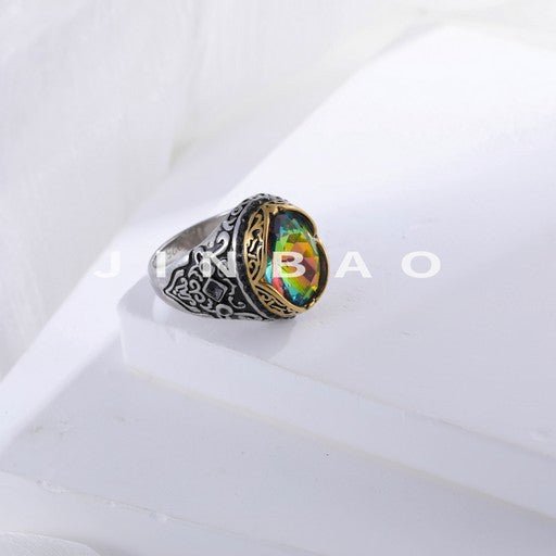 Vintage Stainless Steel Rainbow Gemstone Ring with Intricate Carving for Men | K002776