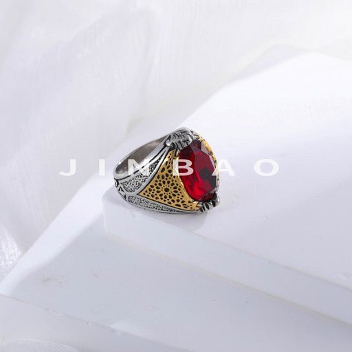 Vintage Stainless Steel Ring with Red Gemstone Classic Fashion for Men | K002779
