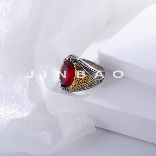 Vintage Stainless Steel Ring with Red Gemstone Classic Fashion for Men | K002779