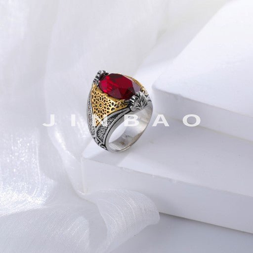 Vintage Stainless Steel Ring with Red Gemstone Classic Fashion for Men | K002779