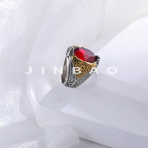 Vintage Stainless Steel Ring with Red Gemstone Classic Fashion for Men | K002779