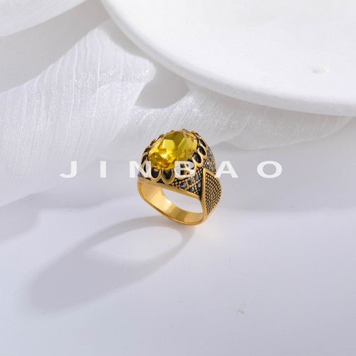 Vintage Stainless Steel Yellow Gemstone Ring with Hollow Carving Details for Men | K002762