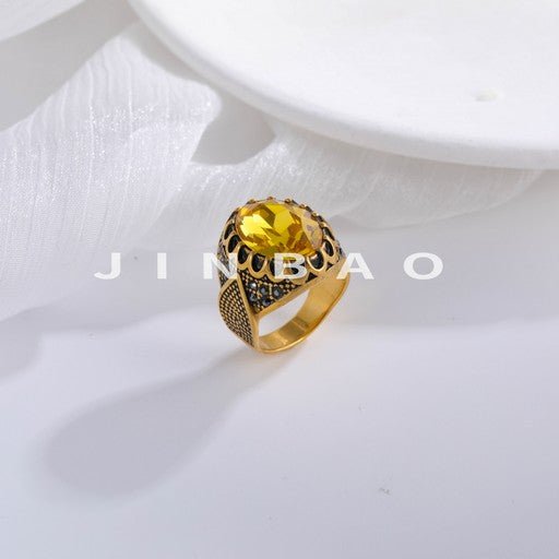 Vintage Stainless Steel Yellow Gemstone Ring with Hollow Carving Details for Men | K002762