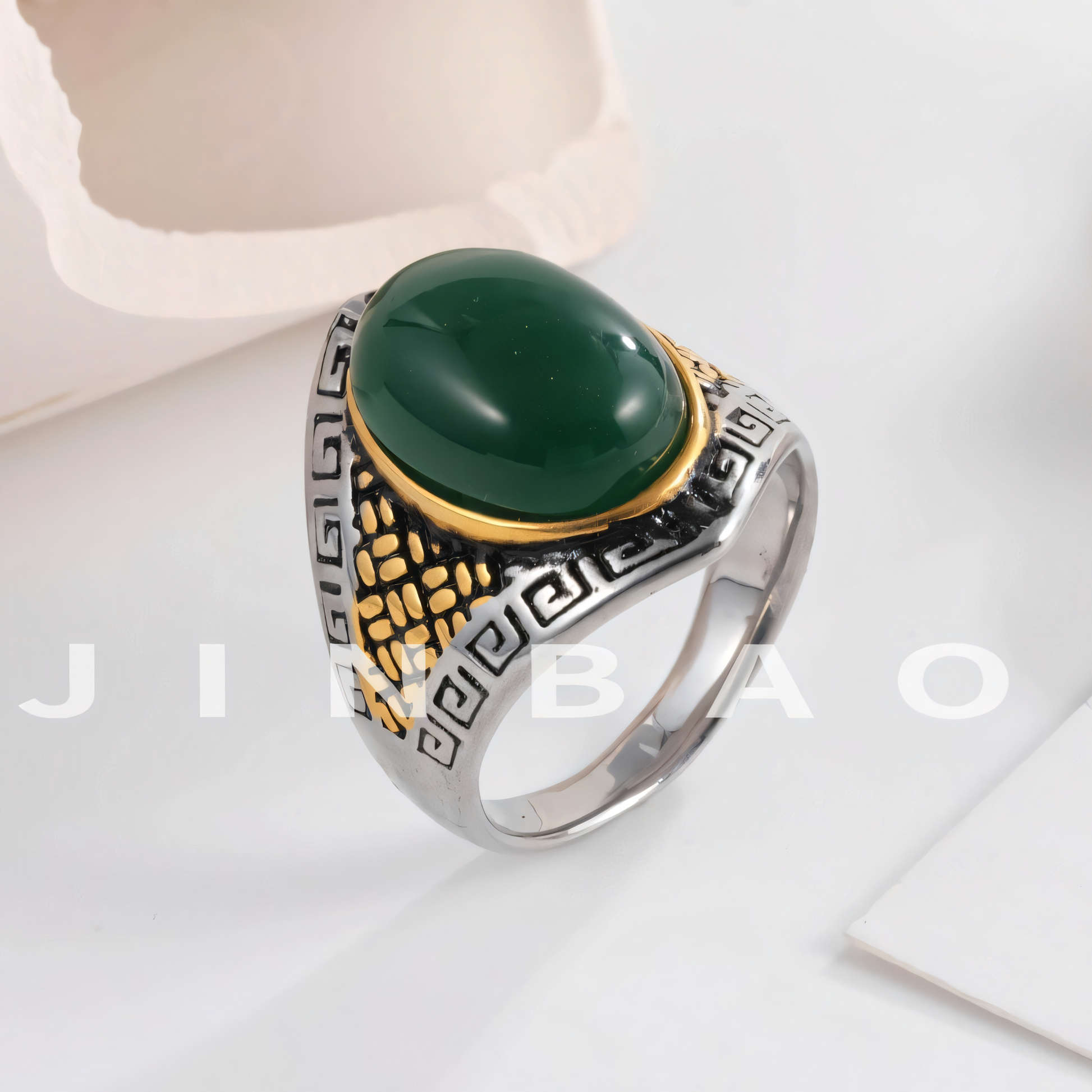 Vintage Greek Pattern Men's Gemstone Stainless Steel Ring | B108