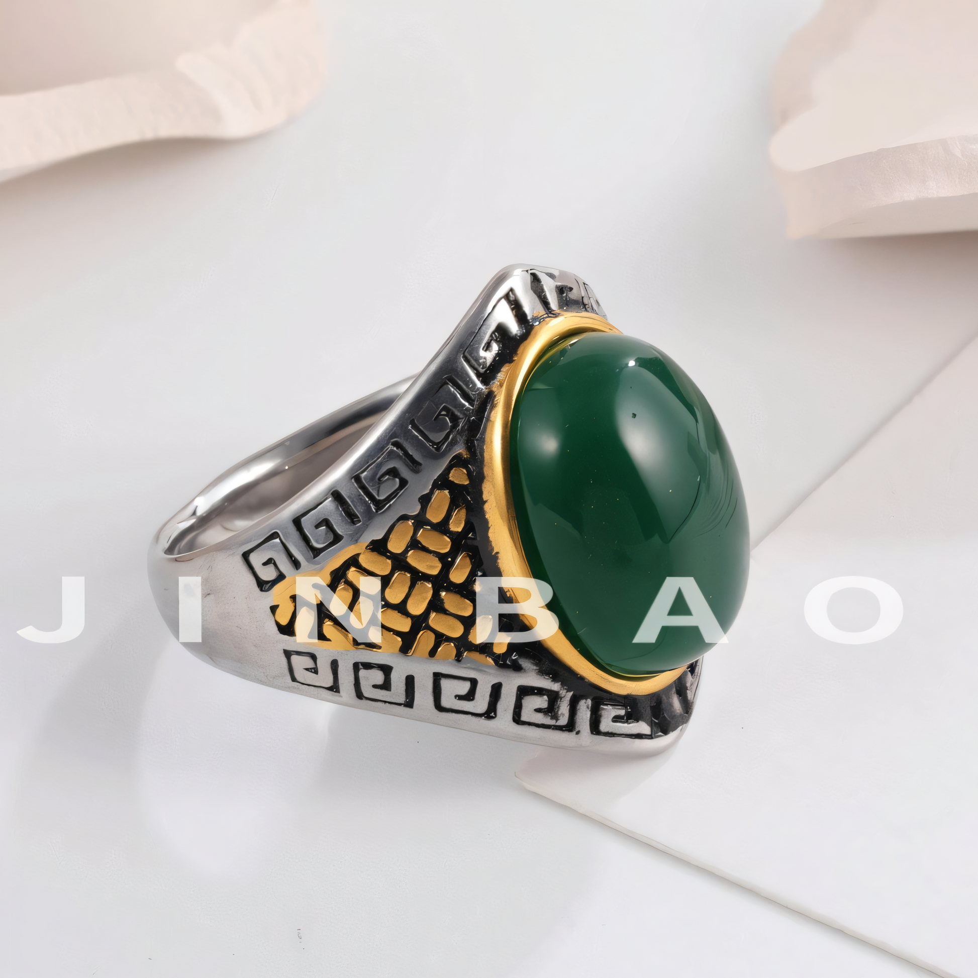 Vintage Greek Pattern Men's Gemstone Stainless Steel Ring | B108