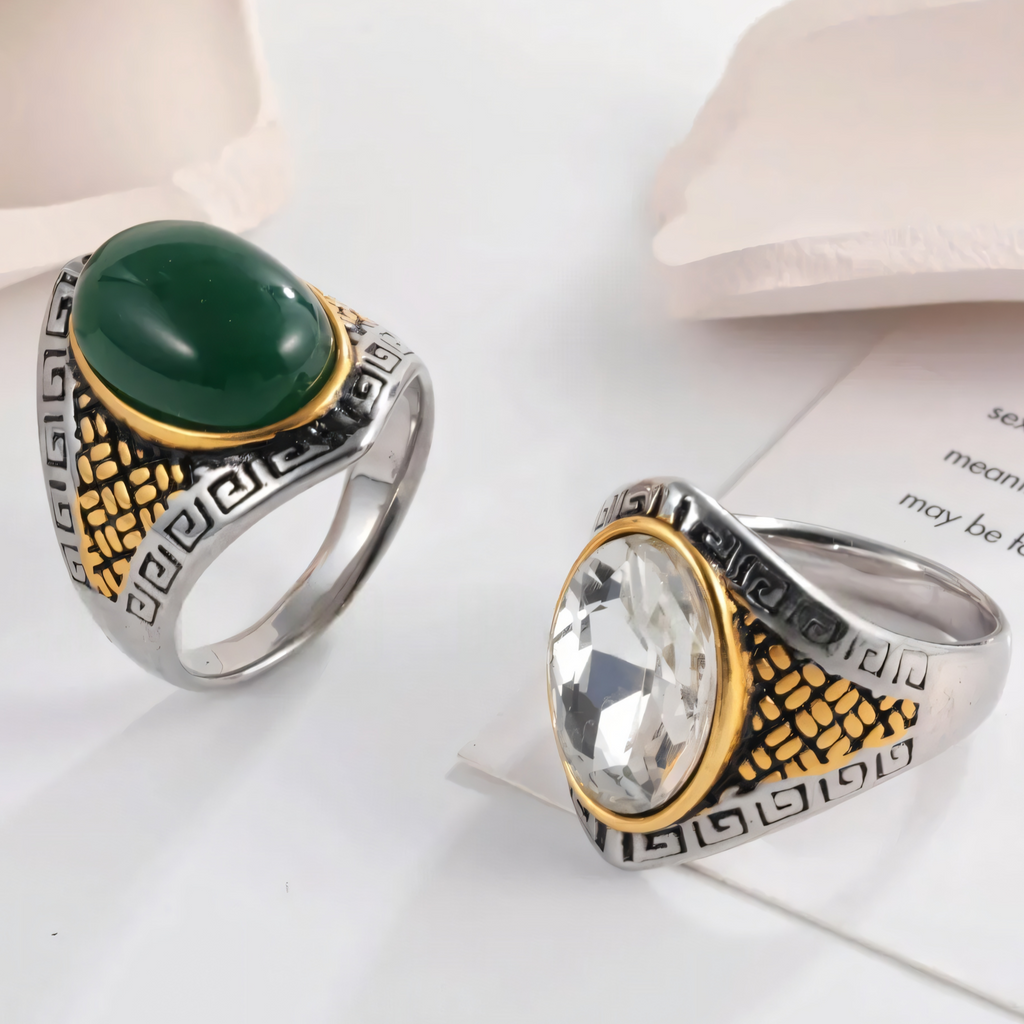 Vintage Greek Pattern Men's Gemstone Stainless Steel Ring | B108
