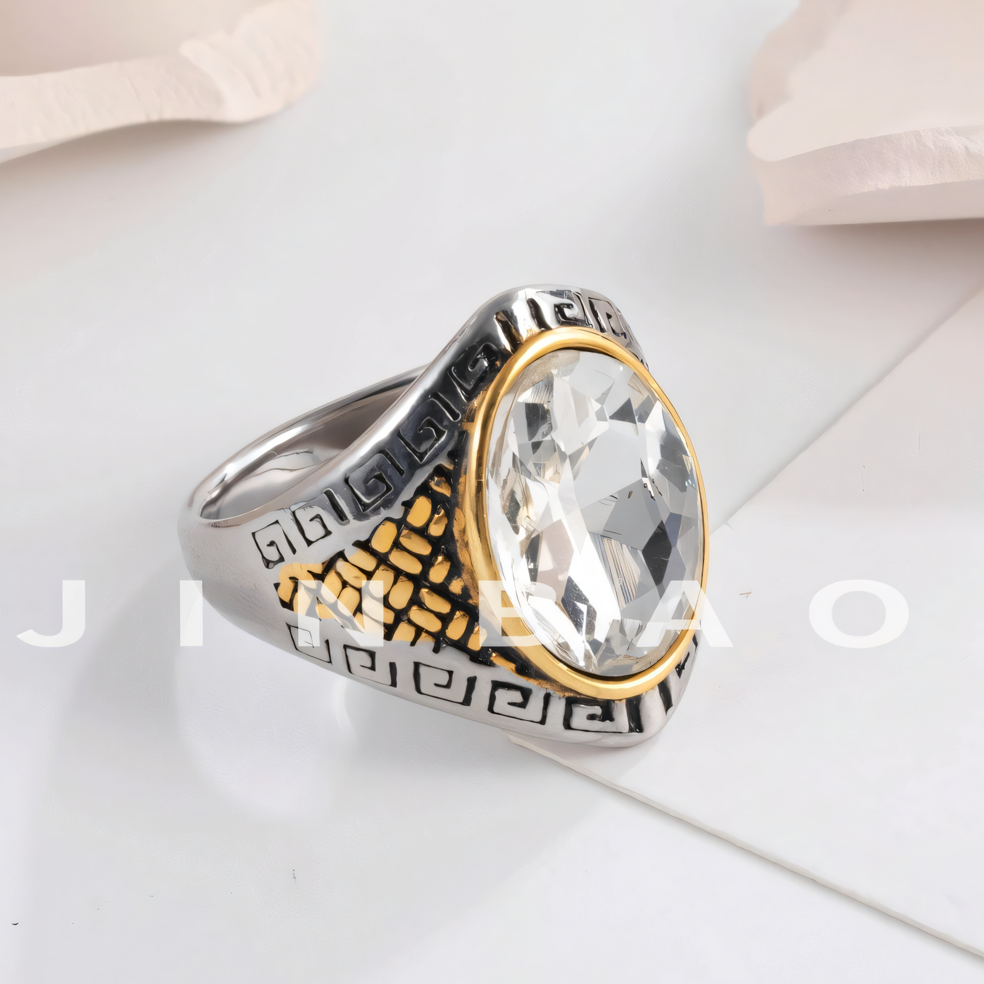 Vintage Greek Pattern Men's Gemstone Stainless Steel Ring | B108