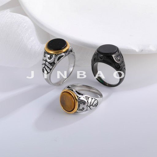 Vintage Style Stainless Steel Ring Men's Two-Tone Gemstone Band | BL667
