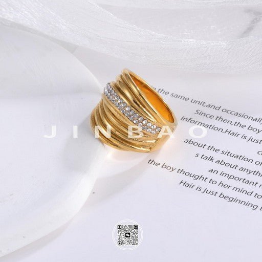 Wavy Design Diamond Inlay Ring Women's Fashion Gold Stainless Steel Band | G003860