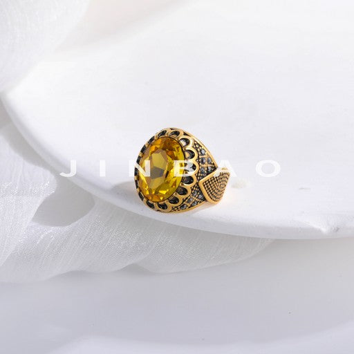 Vintage Stainless Steel Yellow Gemstone Ring with Hollow Carving Details for Men | K002762
