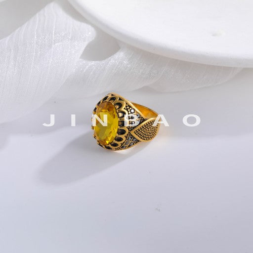 Vintage Stainless Steel Yellow Gemstone Ring with Hollow Carving Details for Men | K002762