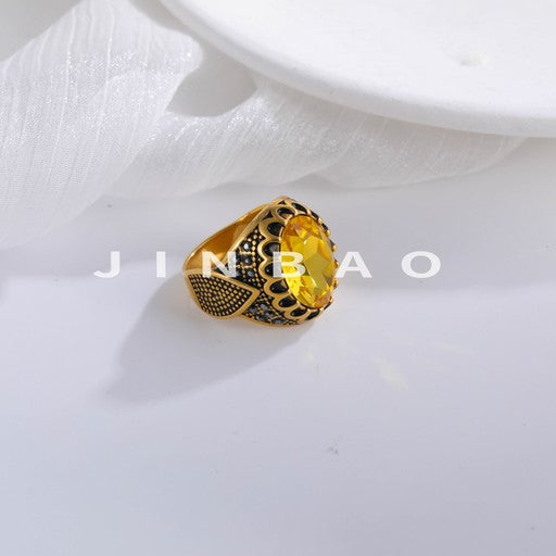 Vintage Stainless Steel Yellow Gemstone Ring with Hollow Carving Details for Men | K002762