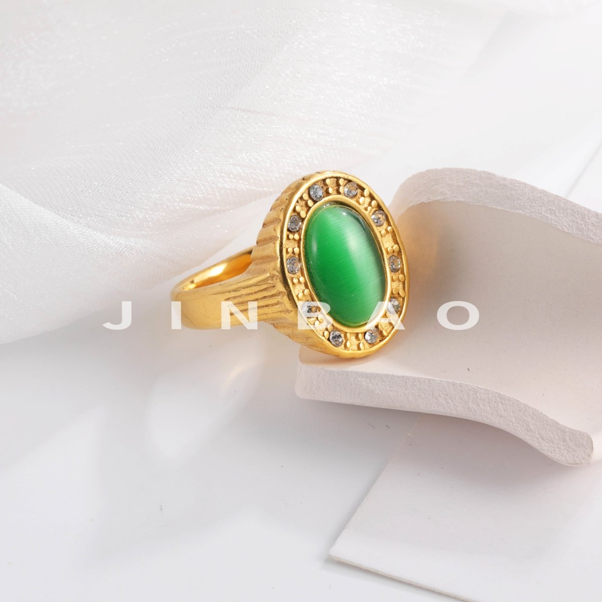 Women's Fashion Gold Plated Green Stone Ring with Rhinestones Elegant Jewelry | K003360