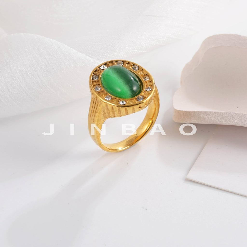 Women's Fashion Gold Plated Green Stone Ring with Rhinestones Elegant Jewelry | K003360