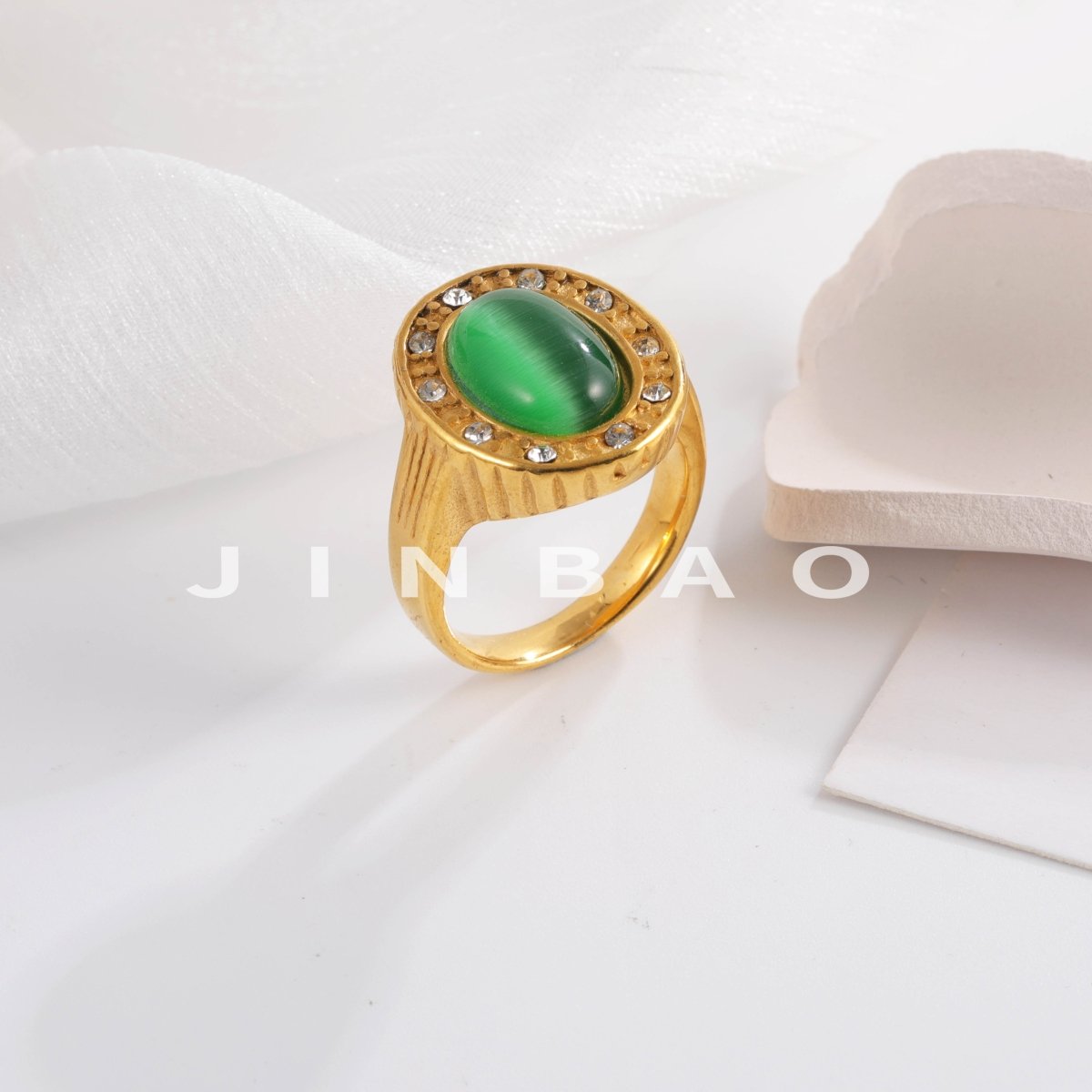 Women's Fashion Gold Plated Green Stone Ring with Rhinestones Elegant Jewelry | K003360