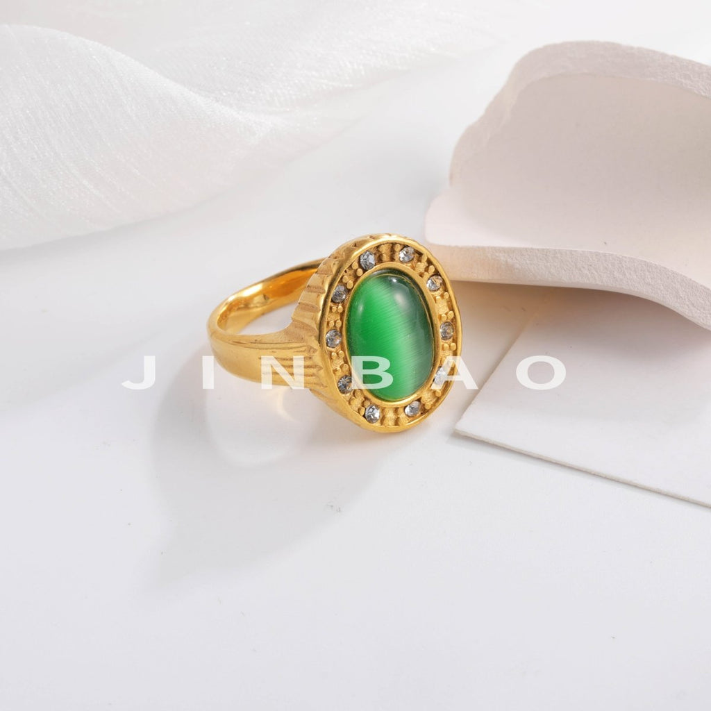 Women's Fashion Gold Plated Green Stone Ring with Rhinestones Elegant Jewelry | K003360